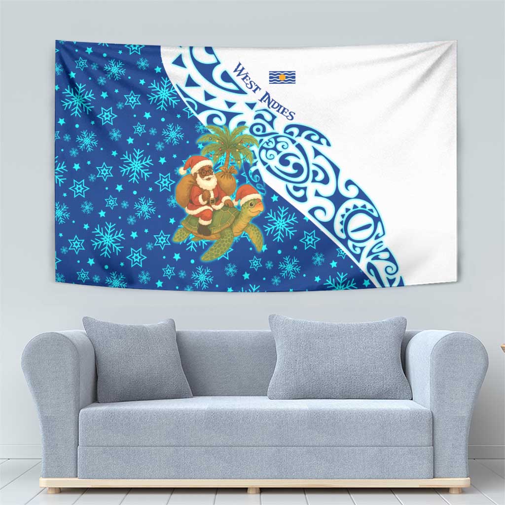 West Indies Christmas Tapestry with Santa Riding Turtle Palm Tree and Tribal Snowflake Design - Wonder Print Shop
