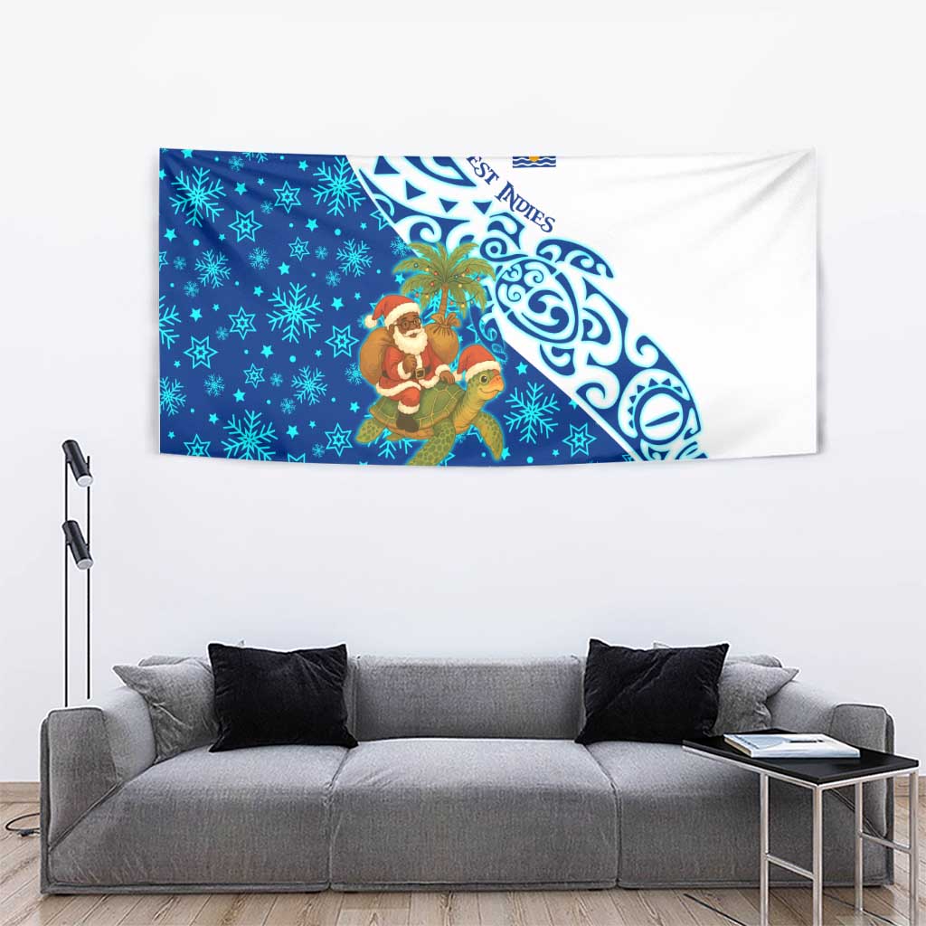 West Indies Christmas Tapestry with Santa Riding Turtle Palm Tree and Tribal Snowflake Design - Wonder Print Shop