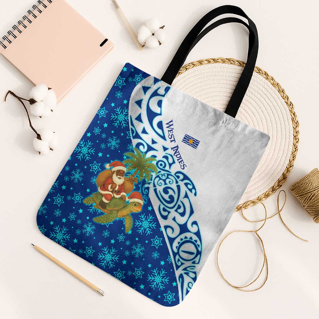 West Indies Christmas Tote Bag with Santa Riding Turtle Palm Tree and Tribal Snowflake Design - Wonder Print Shop