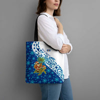 West Indies Christmas Tote Bag with Santa Riding Turtle Palm Tree and Tribal Snowflake Design - Wonder Print Shop