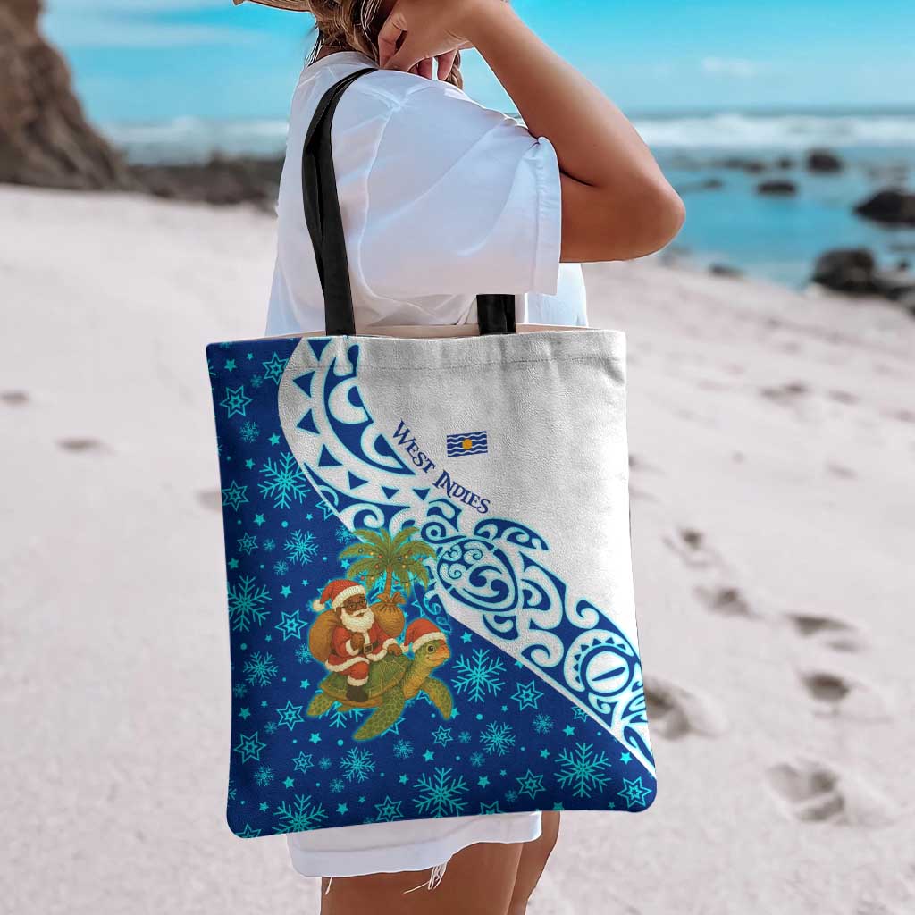 West Indies Christmas Tote Bag with Santa Riding Turtle Palm Tree and Tribal Snowflake Design - Wonder Print Shop