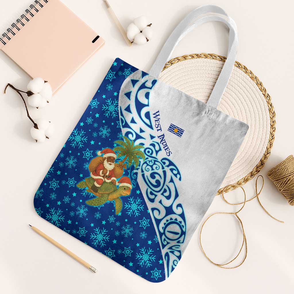 West Indies Christmas Tote Bag with Santa Riding Turtle Palm Tree and Tribal Snowflake Design - Wonder Print Shop
