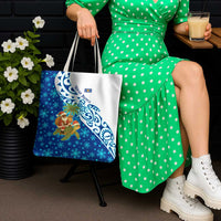 West Indies Christmas Tote Bag with Santa Riding Turtle Palm Tree and Tribal Snowflake Design - Wonder Print Shop