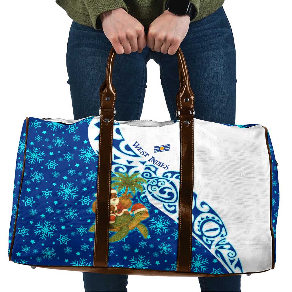 West Indies Christmas Travel Bag with Santa Riding Turtle Palm Tree and Tribal Snowflake Design - Wonder Print Shop
