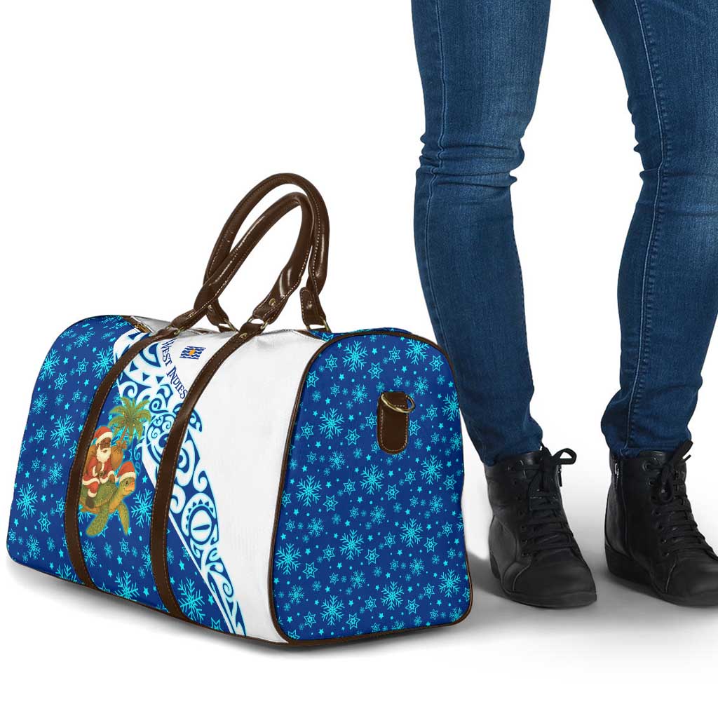 West Indies Christmas Travel Bag with Santa Riding Turtle Palm Tree and Tribal Snowflake Design - Wonder Print Shop