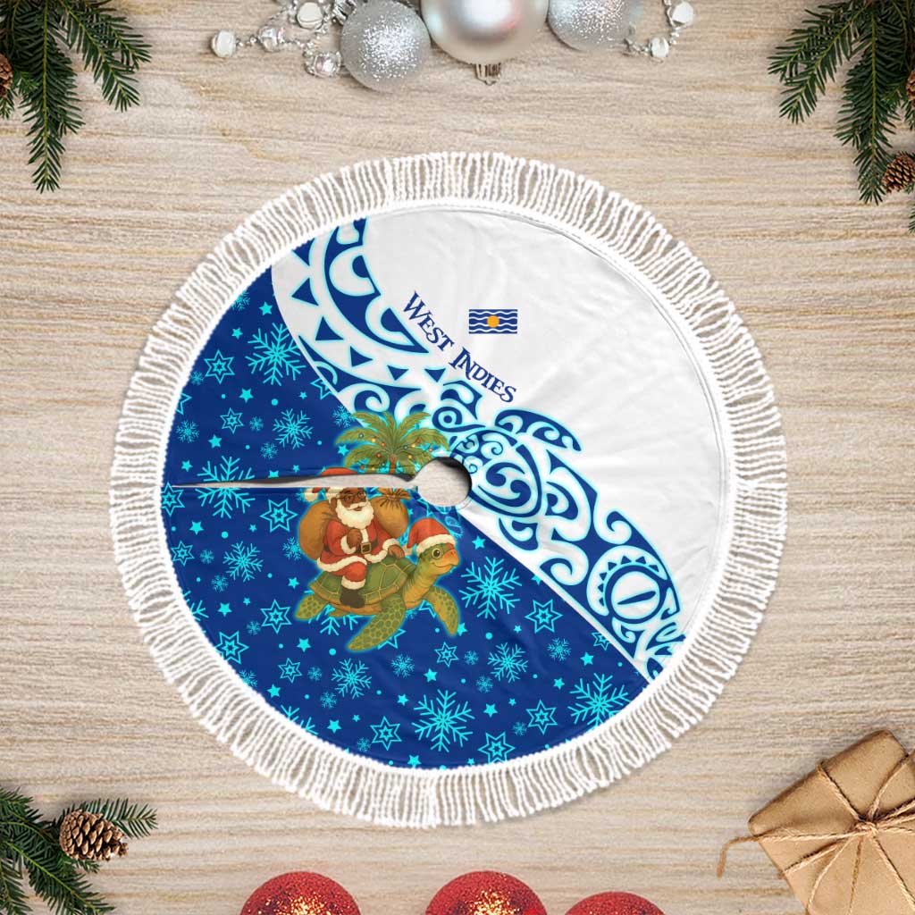 West Indies Christmas Tree Skirt with Santa Riding Turtle Palm Tree and Tribal Snowflake Design - Wonder Print Shop