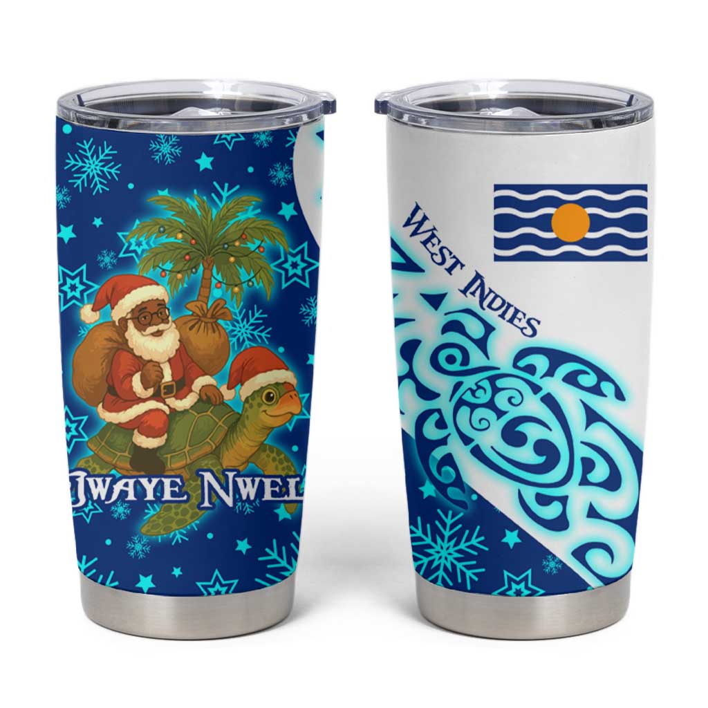 West Indies Christmas Tumbler Cup with Santa Riding Turtle Palm Tree and Tribal Snowflake Design - Wonder Print Shop