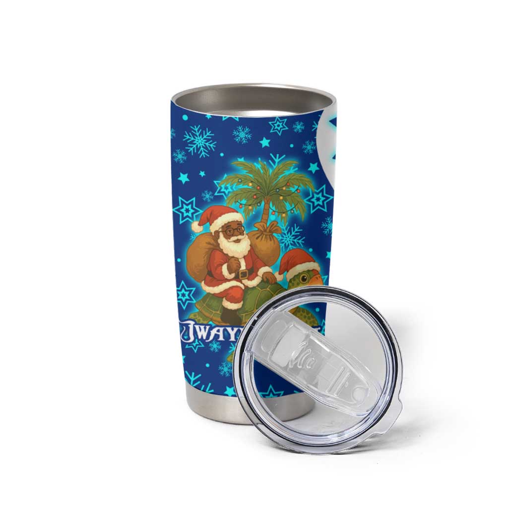 West Indies Christmas Tumbler Cup with Santa Riding Turtle Palm Tree and Tribal Snowflake Design - Wonder Print Shop