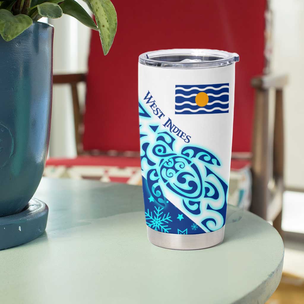 West Indies Christmas Tumbler Cup with Santa Riding Turtle Palm Tree and Tribal Snowflake Design - Wonder Print Shop