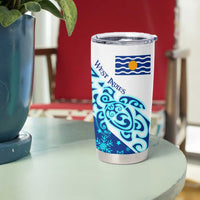 West Indies Christmas Tumbler Cup with Santa Riding Turtle Palm Tree and Tribal Snowflake Design - Wonder Print Shop