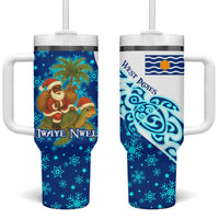 West Indies Christmas Tumbler With Handle with Santa Riding Turtle Palm Tree and Tribal Snowflake Design - Wonder Print Shop