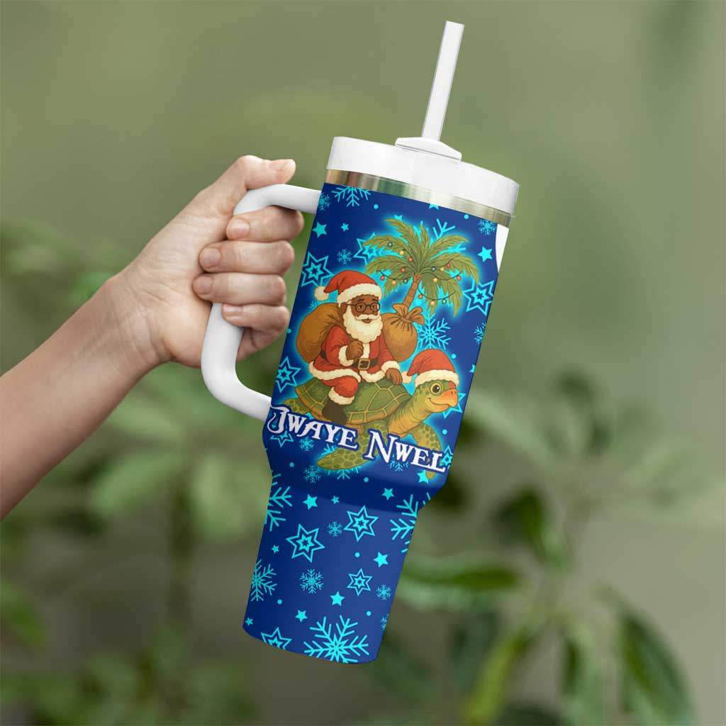 West Indies Christmas Tumbler With Handle with Santa Riding Turtle Palm Tree and Tribal Snowflake Design - Wonder Print Shop
