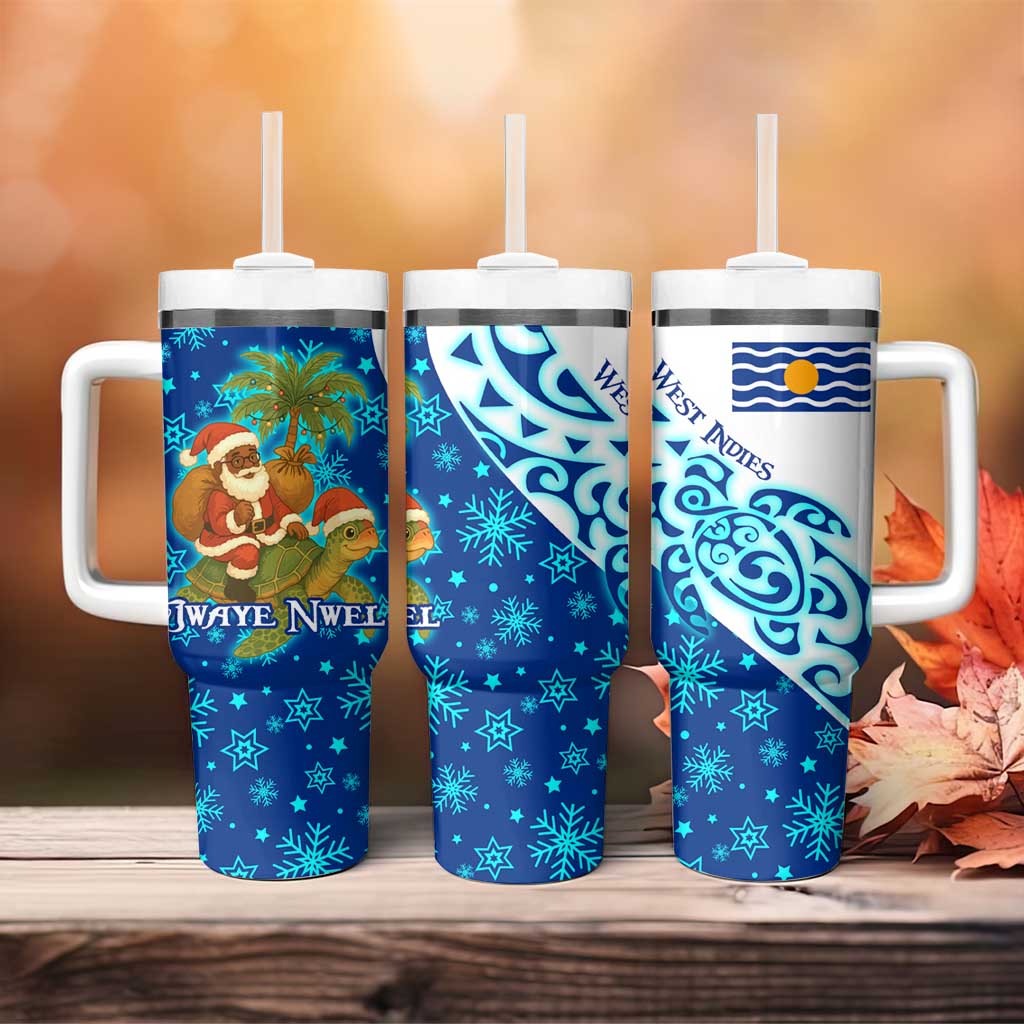 West Indies Christmas Tumbler With Handle with Santa Riding Turtle Palm Tree and Tribal Snowflake Design - Wonder Print Shop