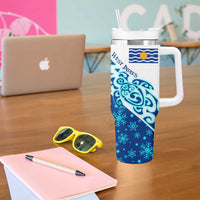 West Indies Christmas Tumbler With Handle with Santa Riding Turtle Palm Tree and Tribal Snowflake Design - Wonder Print Shop