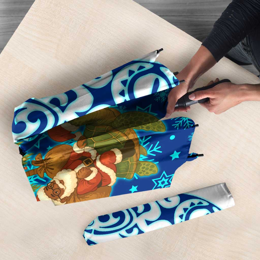 West Indies Christmas Umbrella with Santa Riding Turtle Palm Tree and Tribal Snowflake Design - Wonder Print Shop