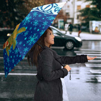 West Indies Christmas Umbrella with Santa Riding Turtle Palm Tree and Tribal Snowflake Design - Wonder Print Shop