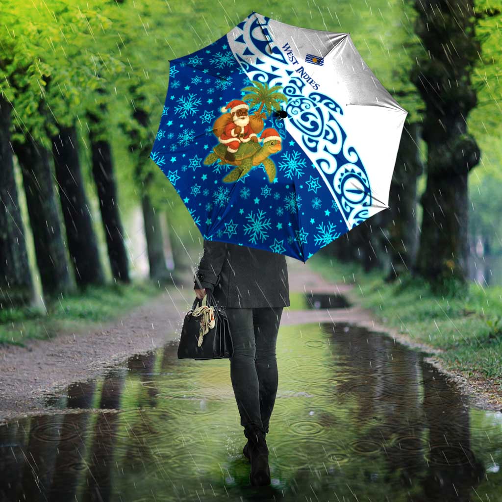 West Indies Christmas Umbrella with Santa Riding Turtle Palm Tree and Tribal Snowflake Design - Wonder Print Shop