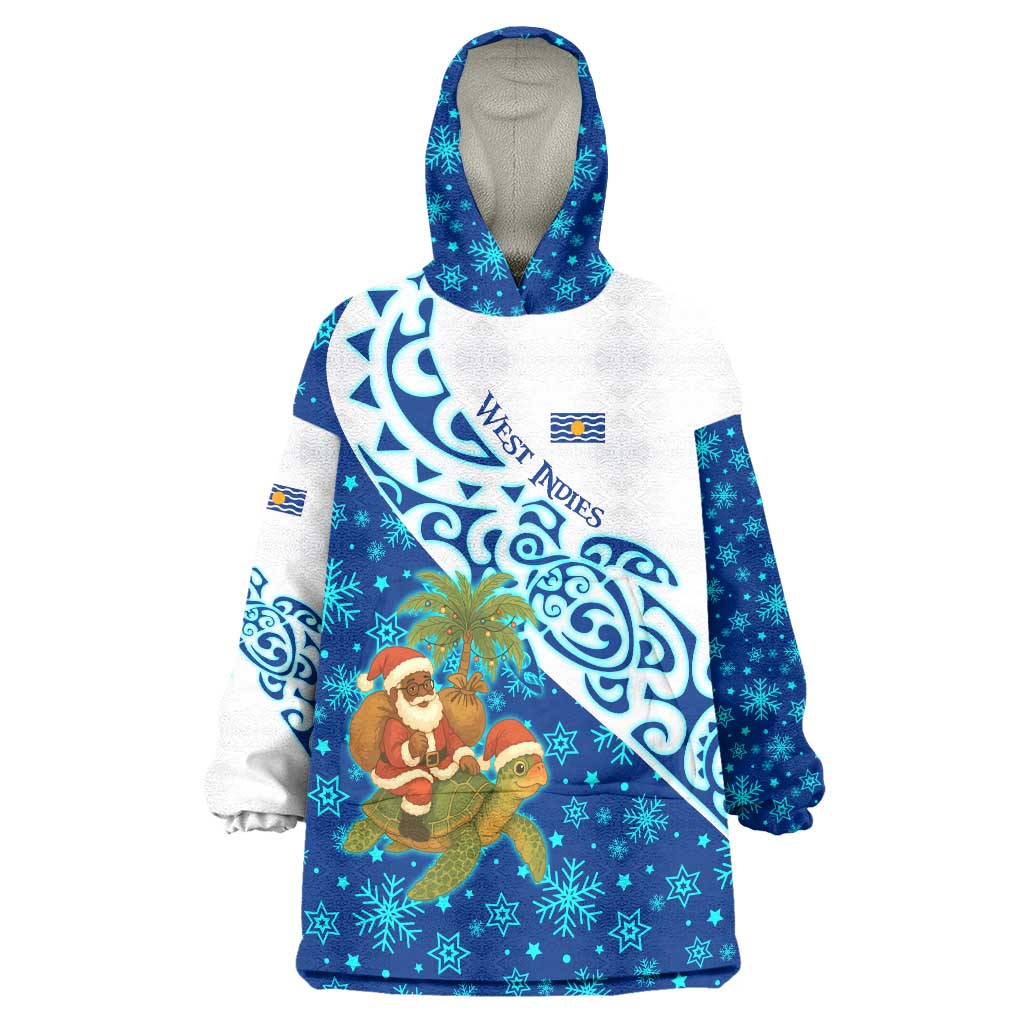 West Indies Christmas Wearable Blanket Hoodie with Santa Riding Turtle Palm Tree and Tribal Snowflake Design - Wonder Print Shop