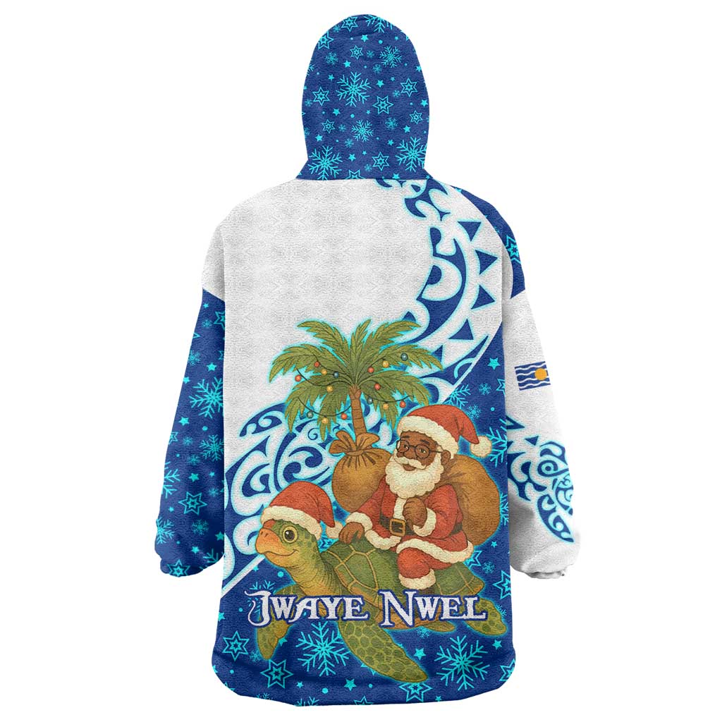 West Indies Christmas Wearable Blanket Hoodie with Santa Riding Turtle Palm Tree and Tribal Snowflake Design - Wonder Print Shop