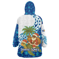 West Indies Christmas Wearable Blanket Hoodie with Santa Riding Turtle Palm Tree and Tribal Snowflake Design - Wonder Print Shop