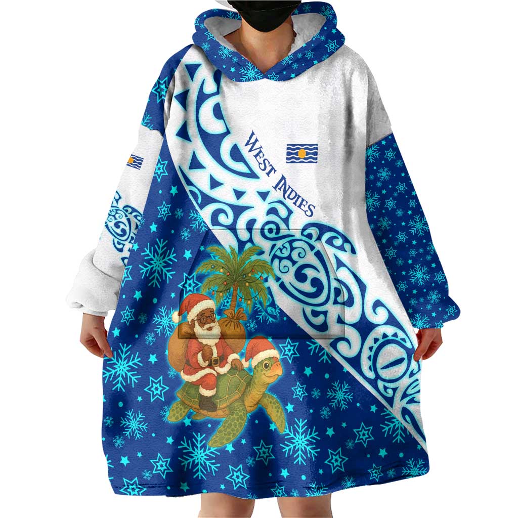 West Indies Christmas Wearable Blanket Hoodie with Santa Riding Turtle Palm Tree and Tribal Snowflake Design - Wonder Print Shop
