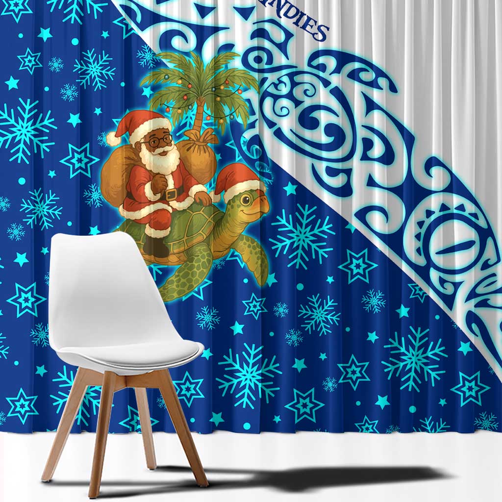 West Indies Christmas Window Curtain with Santa Riding Turtle Palm Tree and Tribal Snowflake Design - Wonder Print Shop