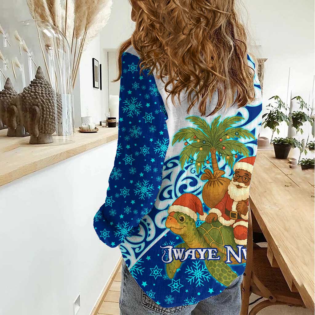 West Indies Christmas Women Casual Shirt with Santa Riding Turtle Palm Tree and Tribal Snowflake Design - Wonder Print Shop