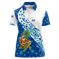 West Indies Christmas Women Polo Shirt with Santa Riding Turtle Palm Tree and Tribal Snowflake Design - Wonder Print Shop