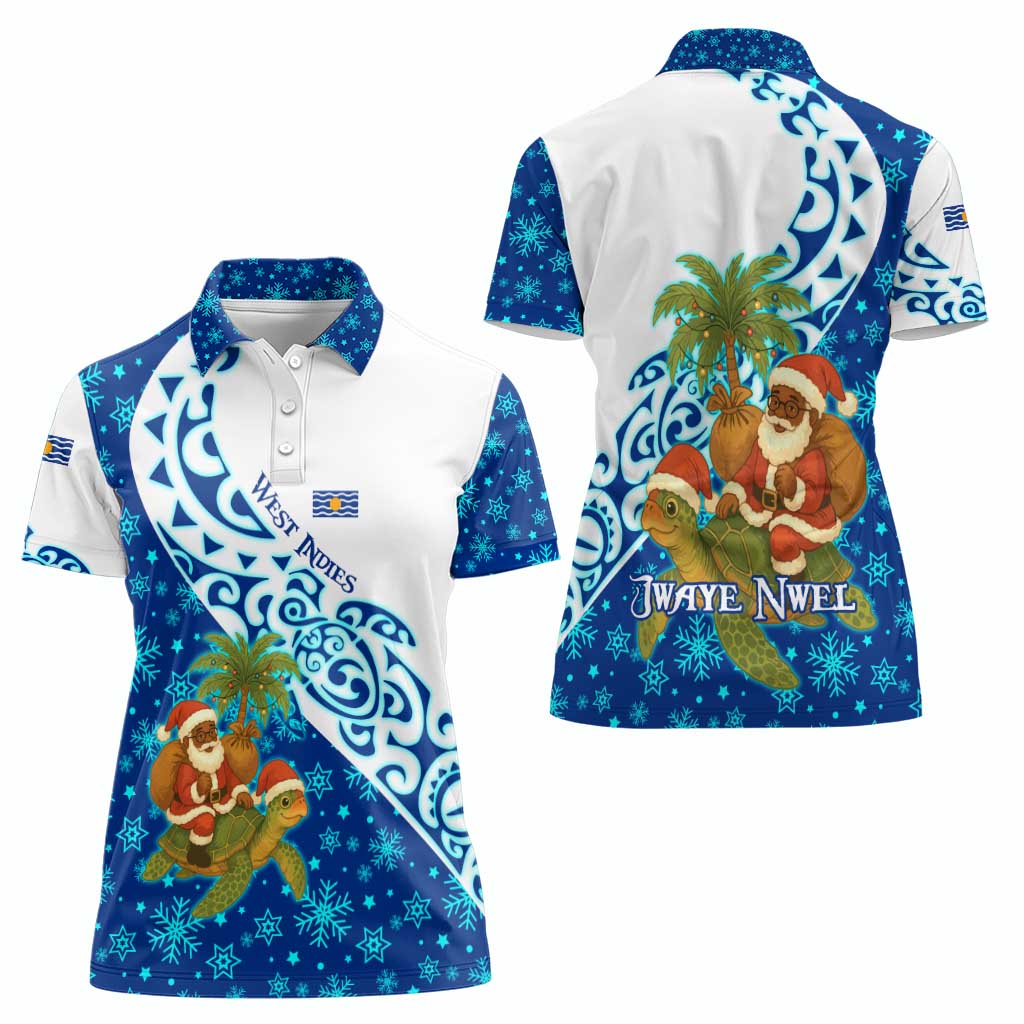 West Indies Christmas Women Polo Shirt with Santa Riding Turtle Palm Tree and Tribal Snowflake Design - Wonder Print Shop