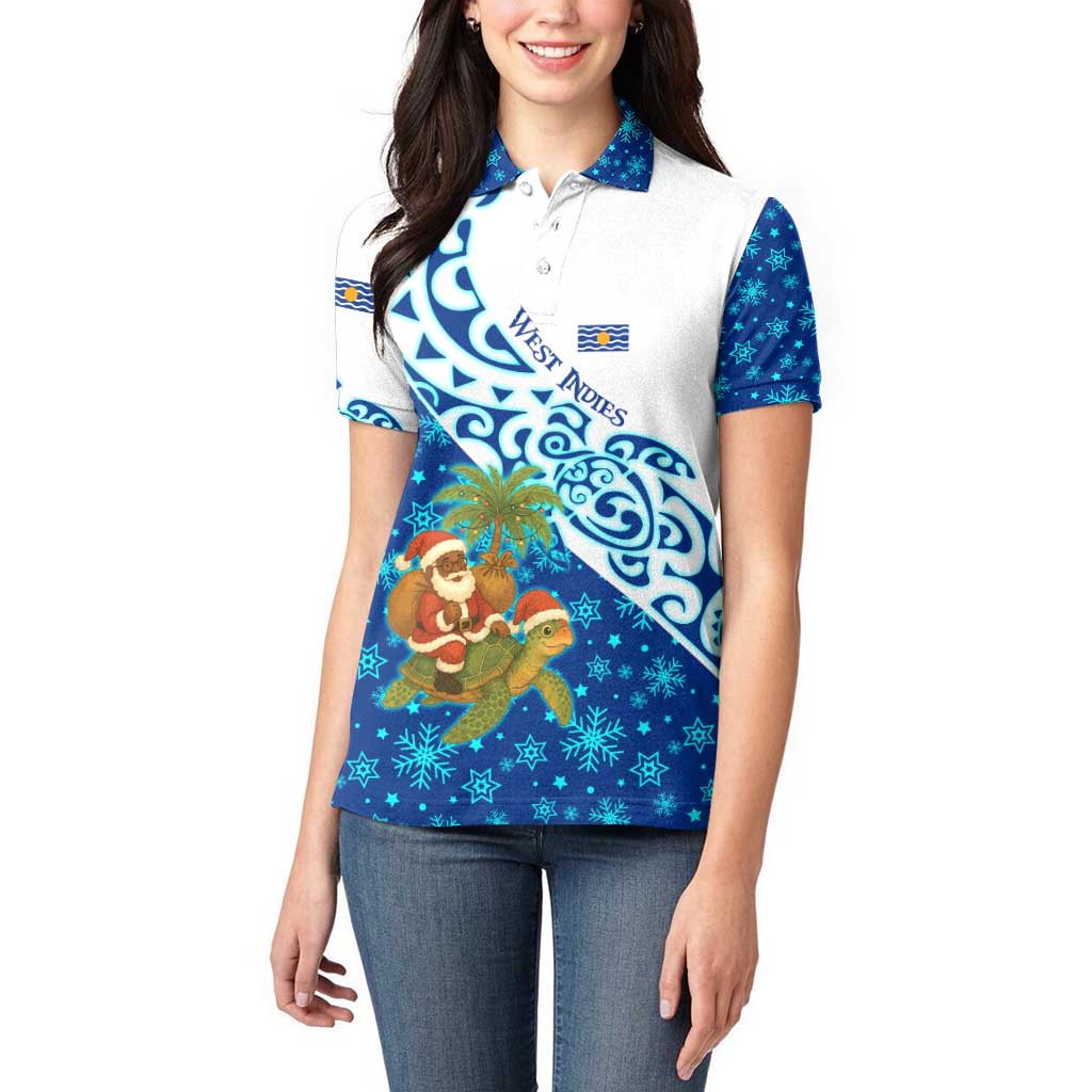 West Indies Christmas Women Polo Shirt with Santa Riding Turtle Palm Tree and Tribal Snowflake Design - Wonder Print Shop