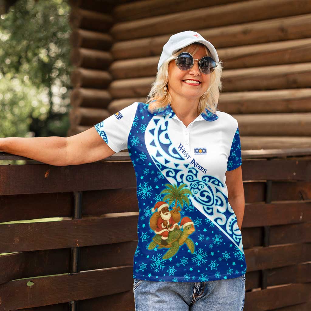 West Indies Christmas Women Polo Shirt with Santa Riding Turtle Palm Tree and Tribal Snowflake Design - Wonder Print Shop