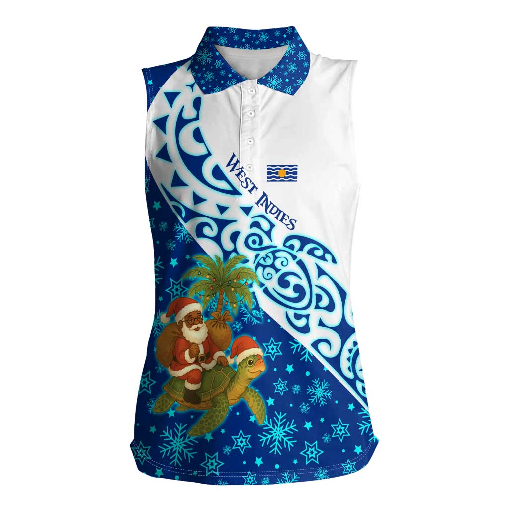 West Indies Christmas Women Sleeveless Polo Shirt with Santa Riding Turtle Palm Tree and Tribal Snowflake Design - Wonder Print Shop