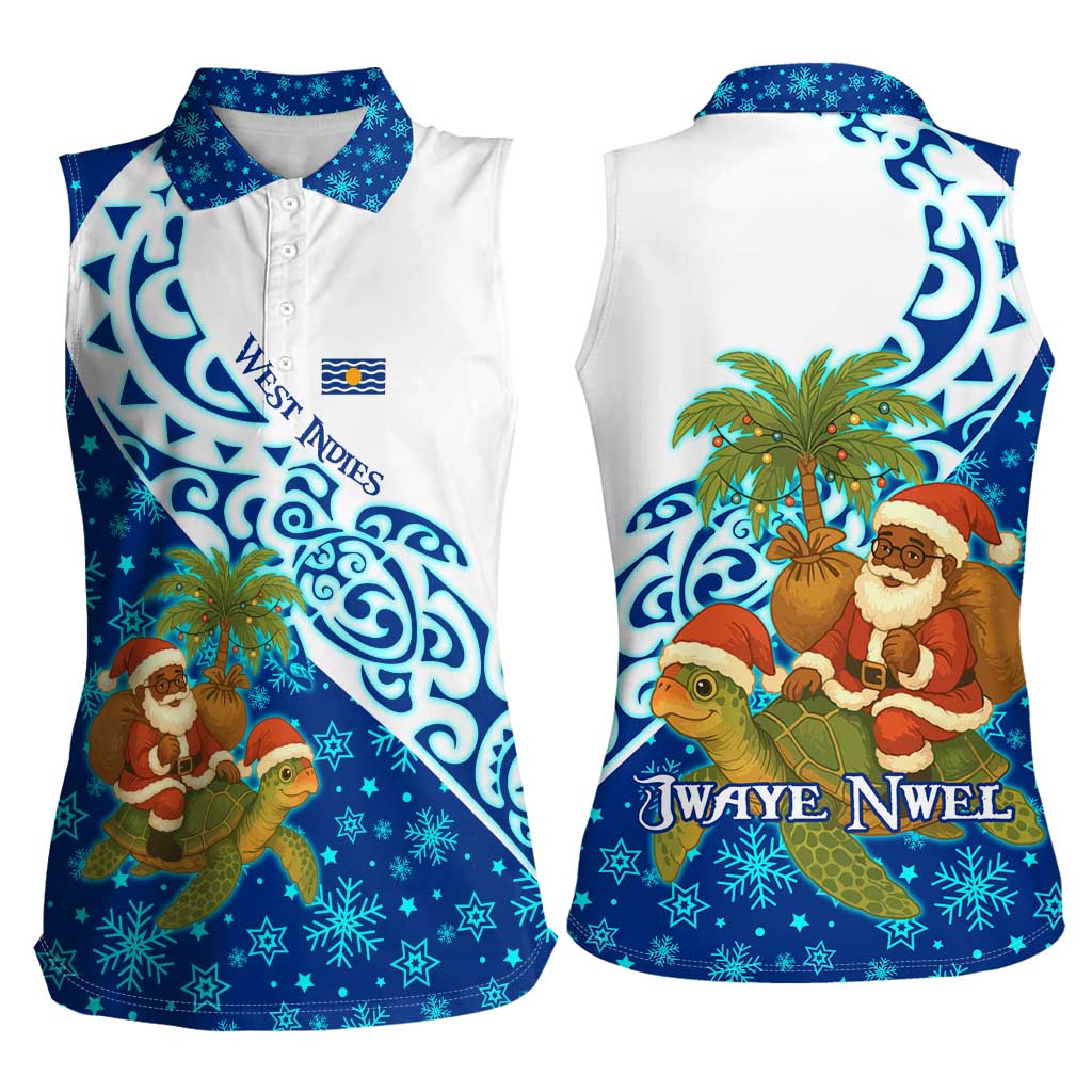 West Indies Christmas Women Sleeveless Polo Shirt with Santa Riding Turtle Palm Tree and Tribal Snowflake Design - Wonder Print Shop