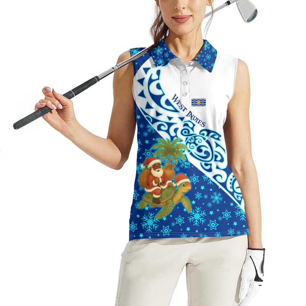 West Indies Christmas Women Sleeveless Polo Shirt with Santa Riding Turtle Palm Tree and Tribal Snowflake Design - Wonder Print Shop