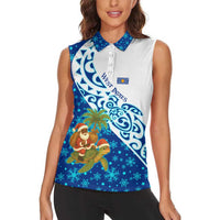 West Indies Christmas Women Sleeveless Polo Shirt with Santa Riding Turtle Palm Tree and Tribal Snowflake Design - Wonder Print Shop