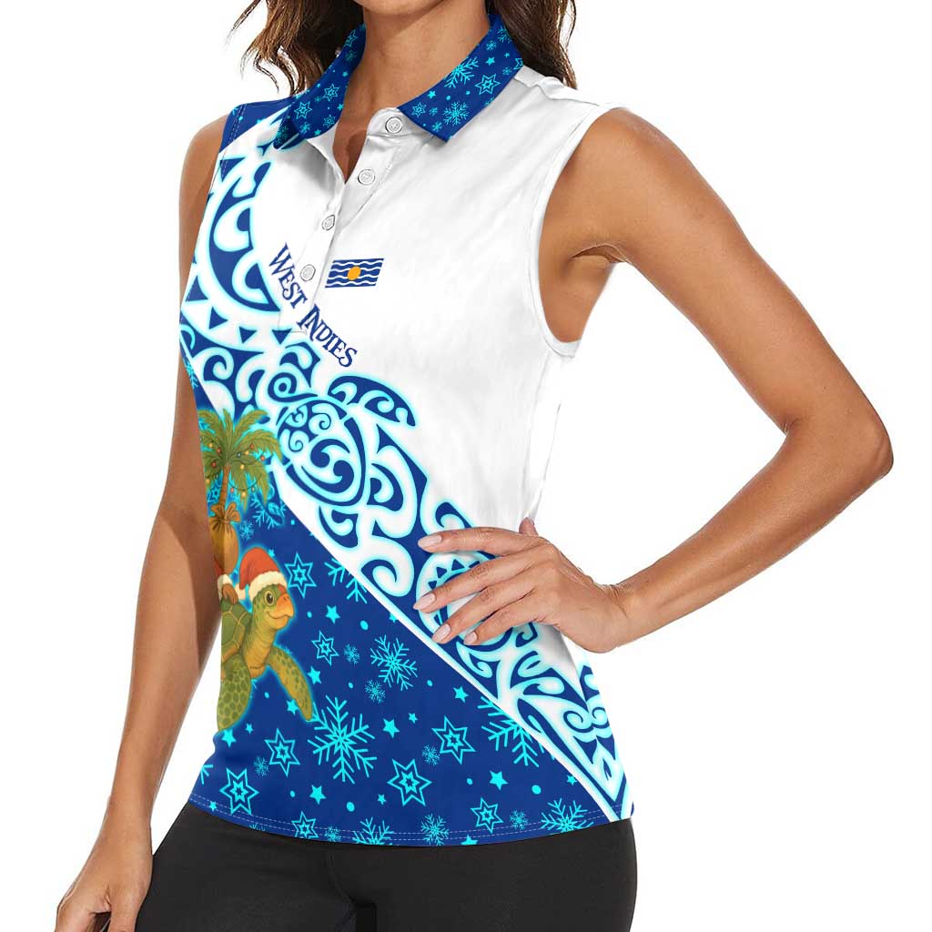 West Indies Christmas Women Sleeveless Polo Shirt with Santa Riding Turtle Palm Tree and Tribal Snowflake Design - Wonder Print Shop