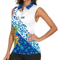 West Indies Christmas Women Sleeveless Polo Shirt with Santa Riding Turtle Palm Tree and Tribal Snowflake Design - Wonder Print Shop