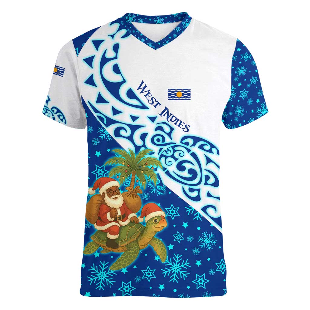 West Indies Christmas Women V-Neck T-Shirt with Santa Riding Turtle Palm Tree and Tribal Snowflake Design - Wonder Print Shop