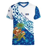 West Indies Christmas Women V-Neck T-Shirt with Santa Riding Turtle Palm Tree and Tribal Snowflake Design - Wonder Print Shop