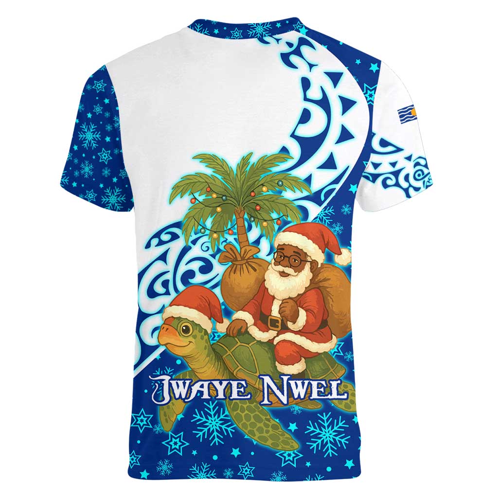 West Indies Christmas Women V-Neck T-Shirt with Santa Riding Turtle Palm Tree and Tribal Snowflake Design - Wonder Print Shop