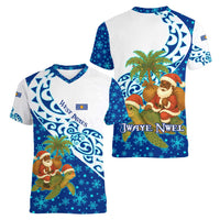 West Indies Christmas Women V-Neck T-Shirt with Santa Riding Turtle Palm Tree and Tribal Snowflake Design - Wonder Print Shop