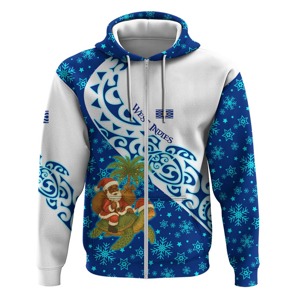 West Indies Christmas Zip Hoodie with Santa Riding Turtle Palm Tree and Tribal Snowflake Design - Wonder Print Shop