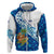 West Indies Christmas Zip Hoodie with Santa Riding Turtle Palm Tree and Tribal Snowflake Design - Wonder Print Shop