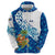 West Indies Christmas Zip Hoodie with Santa Riding Turtle Palm Tree and Tribal Snowflake Design - Wonder Print Shop