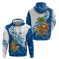 West Indies Christmas Zip Hoodie with Santa Riding Turtle Palm Tree and Tribal Snowflake Design - Wonder Print Shop
