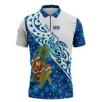 West Indies Christmas Zipper Polo Shirt with Santa Riding Turtle Palm Tree and Tribal Snowflake Design - Wonder Print Shop