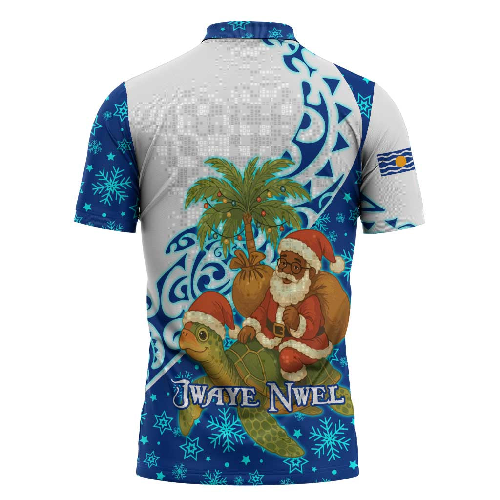 West Indies Christmas Zipper Polo Shirt with Santa Riding Turtle Palm Tree and Tribal Snowflake Design - Wonder Print Shop