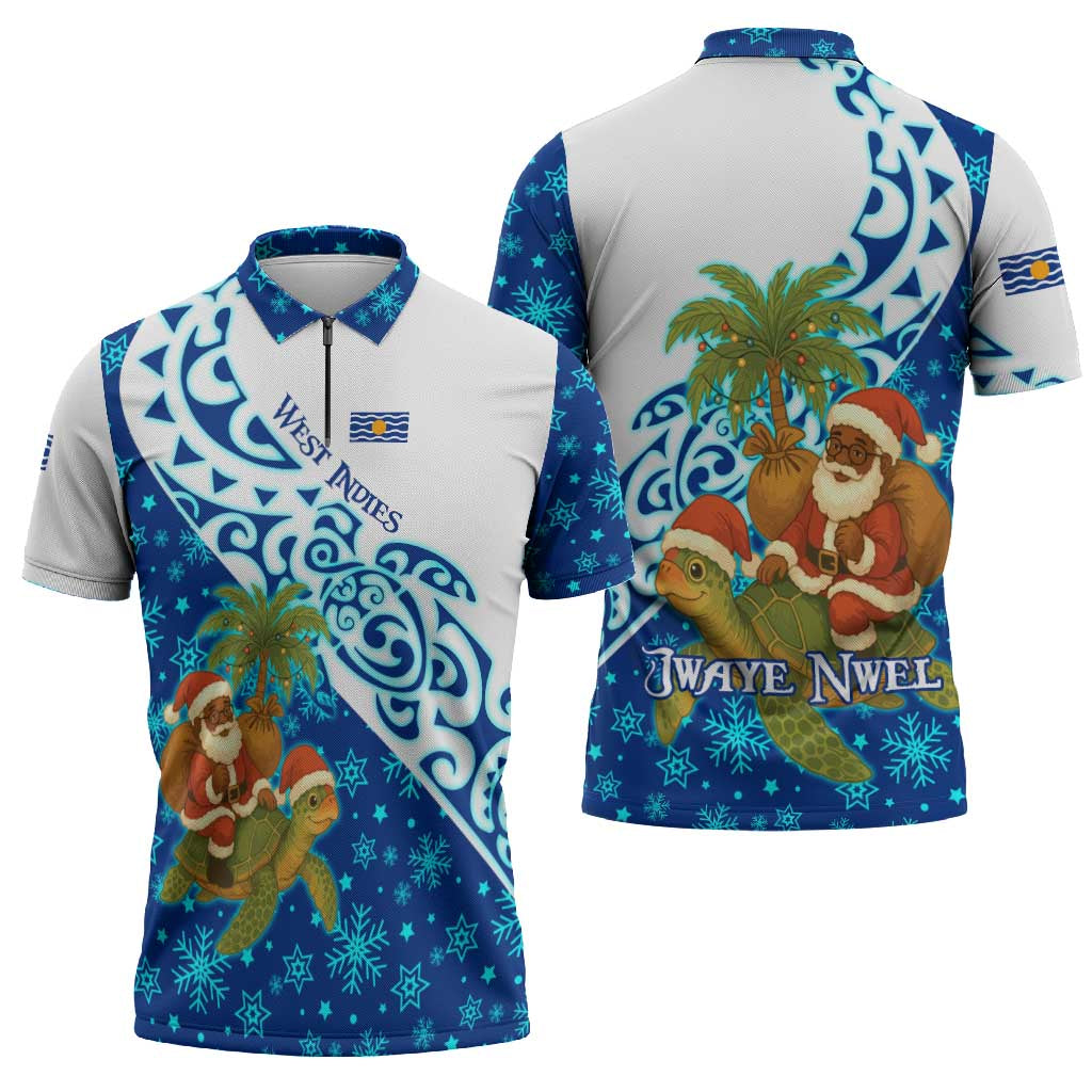 West Indies Christmas Zipper Polo Shirt with Santa Riding Turtle Palm Tree and Tribal Snowflake Design - Wonder Print Shop