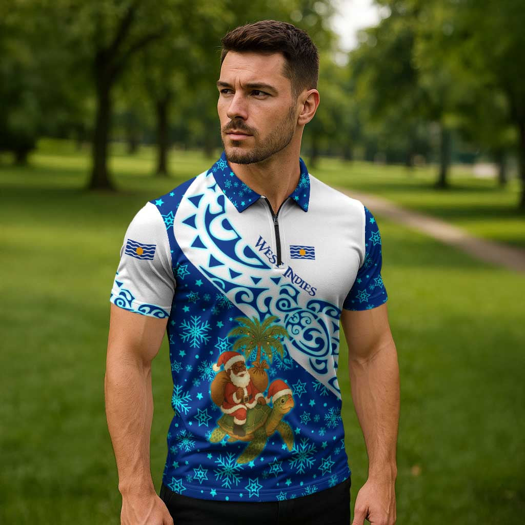 West Indies Christmas Zipper Polo Shirt with Santa Riding Turtle Palm Tree and Tribal Snowflake Design - Wonder Print Shop