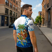West Indies Christmas Zipper Polo Shirt with Santa Riding Turtle Palm Tree and Tribal Snowflake Design - Wonder Print Shop